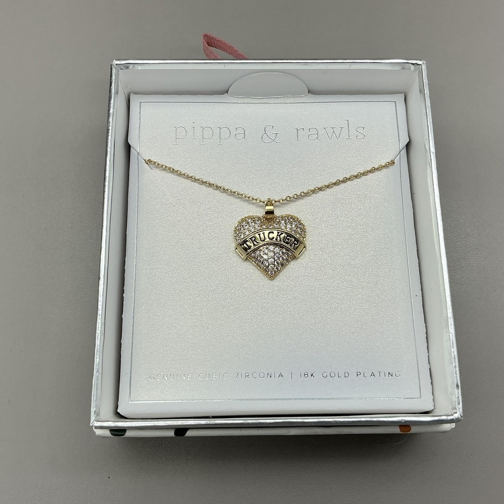 Pippa & Rawls Necklace 18K Gold Plated Trucker Heart Pendant Cubic Zirconia